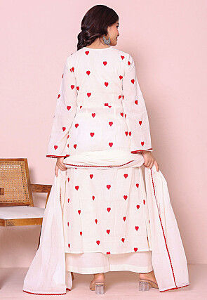 Embroidered Cotton A Line Suit in Off White
