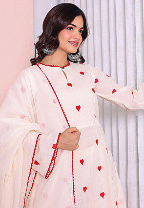 Embroidered Cotton A Line Suit in Off White