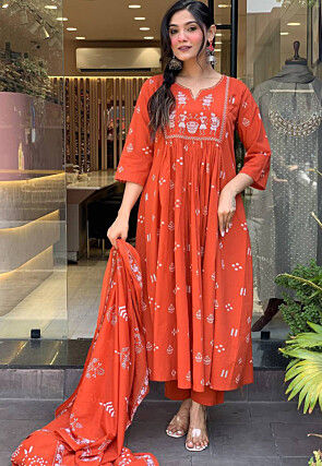 Embroidered Cotton A Line Suit in Orange