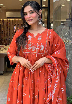 Embroidered Cotton A Line Suit in Orange