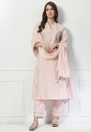 Embroidered Cotton A Line Suit in Pink