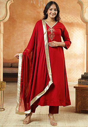 Embroidered Cotton A Line Suit in Red