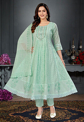 Embroidered Cotton A Line Suit in Sea Green