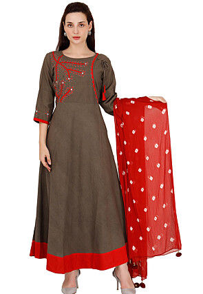 Embroidered Cotton Abaya Style Suit in Brown