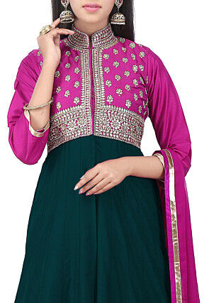 Hand Embroidered Cotton Silk Abaya Style Suit in Dark Green and Fuchsia
