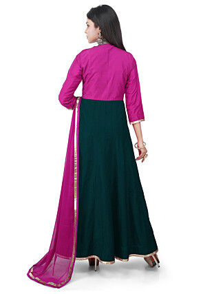 Hand Embroidered Cotton Silk Abaya Style Suit in Dark Green and Fuchsia