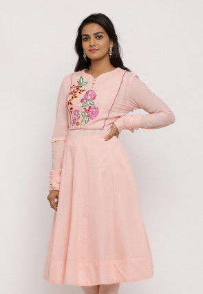 Embroidered Cotton Anarkali Kurta in Light Pink