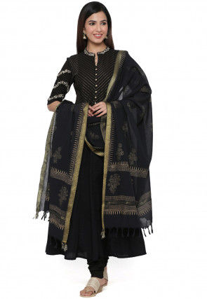 Embroidered Cotton Anarkali Suit in Black