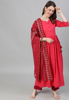 Embroidered Cotton Anarkali Suit in Coral Red