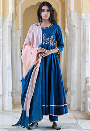 Embroidered Cotton Anarkali Suit in Dark Blue