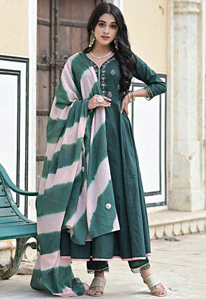 Embroidered Cotton Anarkali Suit in Dark Green