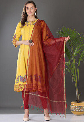 Embroidered Cotton Anarkali Suit in Maroon