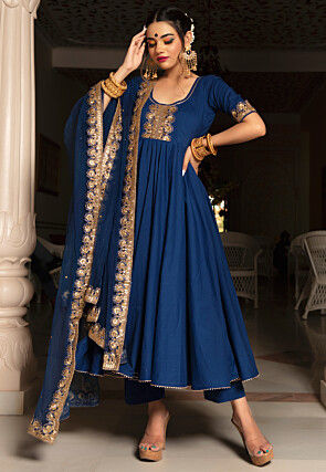 Embroidered Cotton Anarkali Suit in Navy Blue