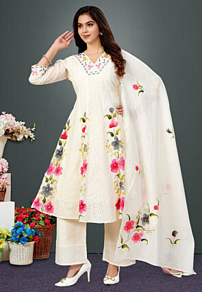 Embroidered Cotton Anarkali Suit in Off White