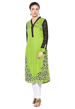 Embroidered Cotton And Chantelle Net Long Kurta In Olive Green