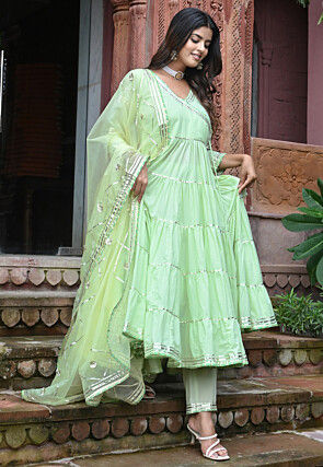 Embroidered Cotton Angrakha Style A Line Suit in Pastel Green