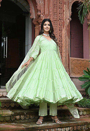 Embroidered Cotton Angrakha Style A Line Suit in Pastel Green