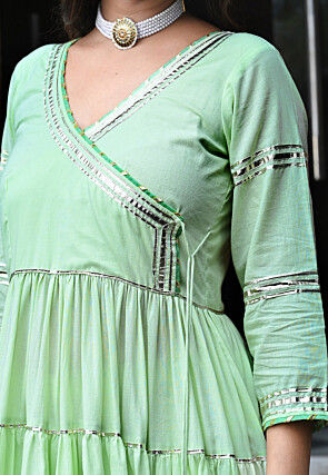 Embroidered Cotton Angrakha Style A Line Suit in Pastel Green