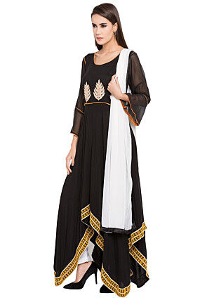 Embroidered Cotton Asymmetic Suit in Black