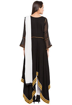 Embroidered Cotton Asymmetic Suit in Black