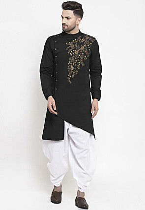 Embroidered Cotton Asymmetric Dhoti Kurta in Black