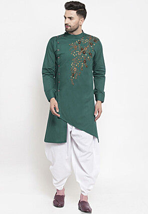 Embroidered Cotton Asymmetric Dhoti Kurta in Dark Green