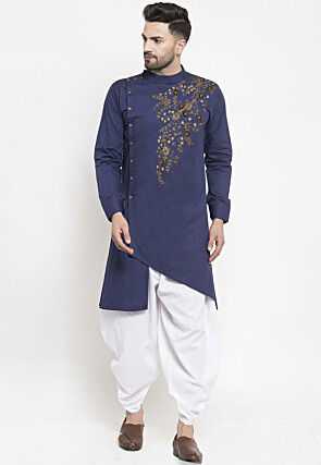 Embroidered Cotton Asymmetric Dhoti Kurta in Navy Blue