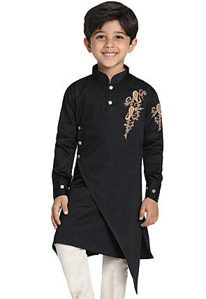 Embroidered Cotton Asymmetric Kurta in Black