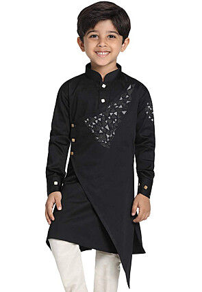 Embroidered Cotton Asymmetric Kurta in Black