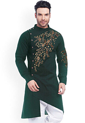 Embroidered Cotton Asymmetric Kurta in Dark Green