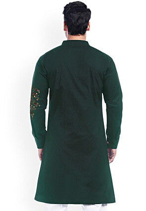 Embroidered Cotton Asymmetric Kurta in Dark Green