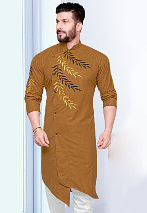 Embroidered Cotton Asymmetric Kurta in Light Brown