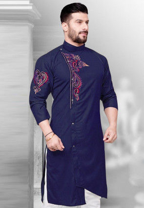 Embroidered Cotton Asymmetric Kurta in Navy Blue