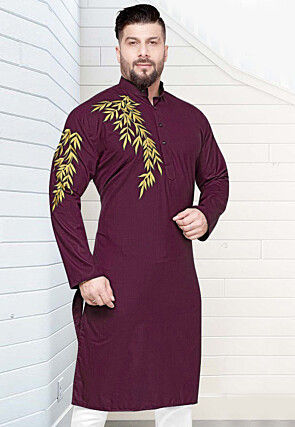 Embroidered Cotton Asymmetric Kurta in Violet