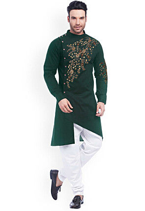 Embroidered Cotton Asymmetric Kurta Set in Dark Green