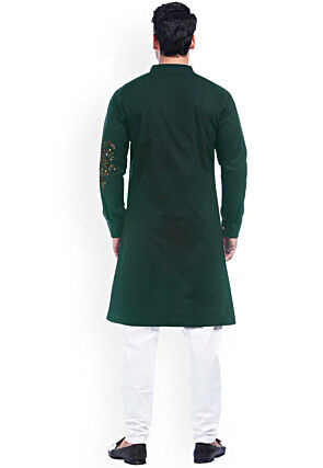 Embroidered Cotton Asymmetric Kurta Set in Dark Green