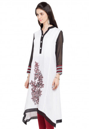 Embroidered Cotton Asymmetric Kurta in Off White