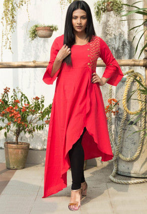 Embroidered Cotton Asymmetric Kurta Set in Red