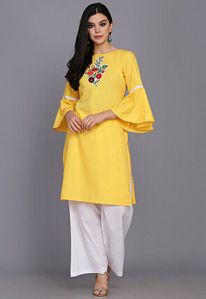 Embroidered Cotton Cambric Kurta Set in Yellow