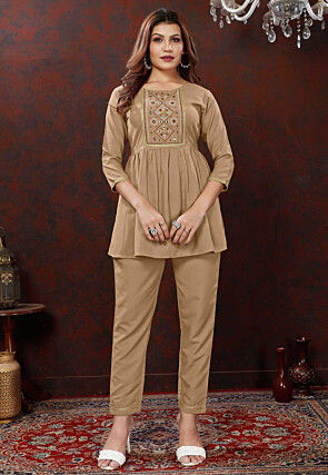 Embroidered Cotton Co Ord Set in Beige