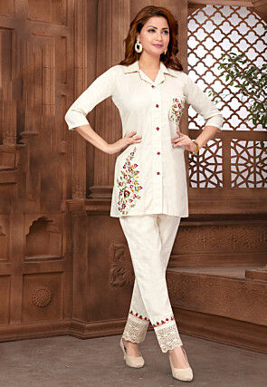Embroidered Cotton Co Ord Set in Cream
