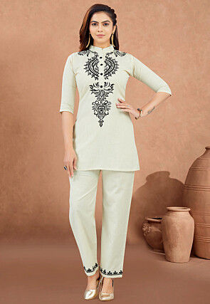 Embroidered Cotton Co Ord Set in Cream