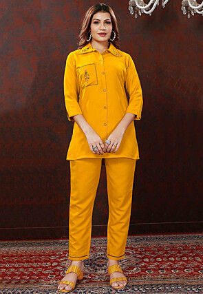 Embroidered Cotton Co Ord Set in Mustard