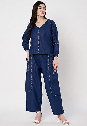 Embroidered Cotton Co Ord Set in Navy Blue