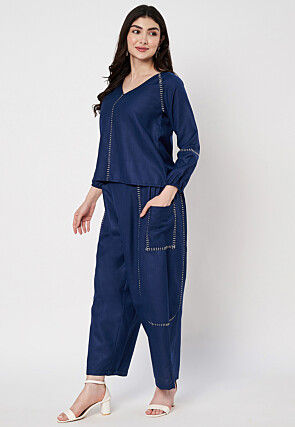 Embroidered Cotton Co Ord Set in Navy Blue
