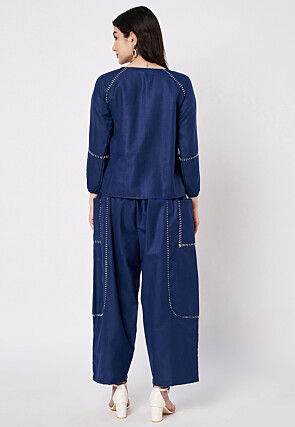 Embroidered Cotton Co Ord Set in Navy Blue