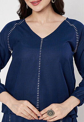 Embroidered Cotton Co Ord Set in Navy Blue