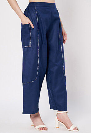 Embroidered Cotton Co Ord Set in Navy Blue