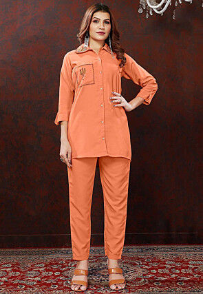 Embroidered Cotton Co Ord Set in Orange