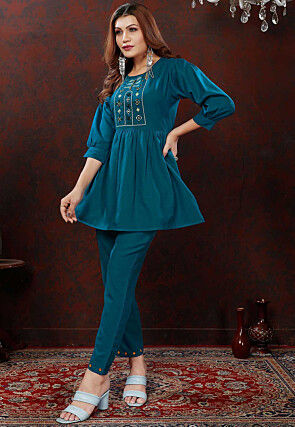 Embroidered Cotton Co Ord Set in Teal Blue